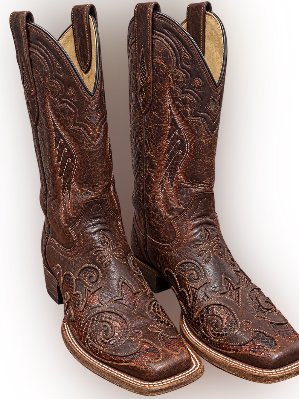 Corral Ladies Chocolate Snake Inlay Brown Square Toe Boots A2404 - Size 9